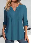 Modlily Peacock Blue Tuck Stitch Long Sleeve Split Neck Blouse - S