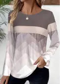 Modlily Light Coffee Patchwork Geometric Print Long Sleeve T Shirt - L