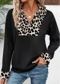 Modlily Black Patchwork Leopard Long Sleeve Turn Down Collar Sweatshirt - L