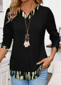 Modlily Black Patchwork Ombre Long Sleeve Split Neck T Shirt - XXL