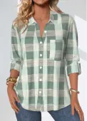 Modlily Sage Green Button Plaid Three Quarter Length Sleeve Blouse - L