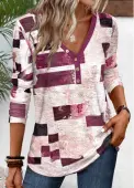 Modlily Dark Reddish Purple Button Geometric Print T Shirt - M