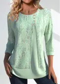 Modlily Light Green Button Geometric Print 3/4 Sleeve T Shirt - L