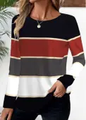 Modlily Deep Red Striped Long Sleeve Round Neck T Shirt - L