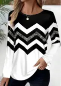 Modlily Black Patchwork Striped Long Sleeve Round Neck T Shirt - XXL
