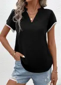 Modlily Black Patchwork Short Sleeve V Neck T Shirt - L
