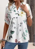 Modlily White Floral Print Short Sleeve Split Neck Blouse - L