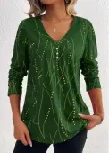 Modlily Green Button Geometric Print Long Sleeve T Shirt - M