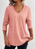 Modlily Pink Button Geometric Print Long Sleeve T Shirt - M