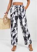 Modlily White Double Side Pockets Feathers Print Elastic Waist Pants - XL