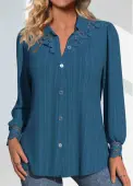Modlily Peacock Blue Patchwork Long Sleeve Shirt Collar Blouse - L