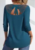 Modlily Peacock Blue Lace Long Sleeve V Neck T Shirt - XL