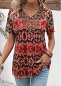 Modlily Multi Color Button Tribal Print Short Sleeve Blouse - S