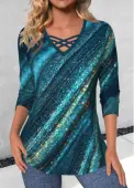 Modlily Peacock Blue Criss Cross Ombre Long Sleeve T Shirt - M