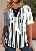 Modlily Black Lace Up Geometric Print Short Sleeve T Shirt - M