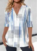 Modlily Sky Blue Zipper Striped 3/4 Sleeve V Neck Blouse - S