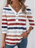 Modlily Red Button Multi Stripe Print 3/4 Sleeve T Shirt - XL