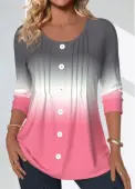 Modlily Pink Tuck Stitch Ombre Long Sleeve Round Neck Blouse - M