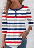 Modlily Multi Color Button Striped 3/4 Sleeve T Shirt - XXL