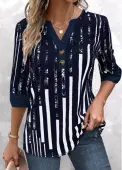 Modlily Navy Patchwork Striped 3/4 Sleeve Split Neck Blouse - XL