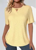 Modlily Light Yellow Jacquard Short Sleeve Round Neck T Shirt - L