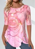 Modlily Pink Split Marble Print Half Sleeve T Shirt - L