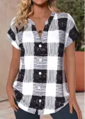 Modlily Black Button Plaid Short Sleeve V Neck Blouse - L