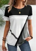 Modlily Black Patchwork Geometric Print Short Sleeve T Shirt - S