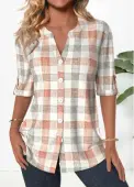 Modlily Orange Button Plaid 3/4 Sleeve Split Neck Blouse - XXL