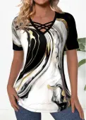 Modlily Black Criss Cross Marble Print Short Sleeve T Shirt - XXL