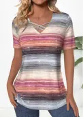 Modlily Multi Color Criss Cross Striped Short Sleeve T Shirt - M
