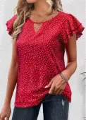 Modlily Red Cut Out Polka Dot Short Sleeve Blouse - S