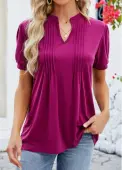 Modlily Dark Reddish Purple Tuck Stitch Short Sleeve T Shirt - L