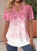 Modlily Pink Button Floral Print Short Sleeve Split Neck Blouse - XL