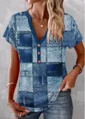 Modlily Blue Button Geometric Print Short Sleeve Split Neck Blouse - XXL