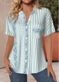 Modlily Green Pocket Striped Short Sleeve Shirt Collar Blouse - XL