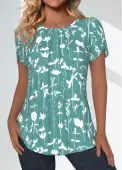 Modlily Green Tuck Stitch Floral Print Short Sleeve Blouse - XXL