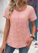 Modlily Light Pink Tuck Stitch Short Sleeve Round Neck Blouse - L
