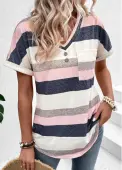 Modlily Multi Color Pocket Striped Short Sleeve T Shirt - L