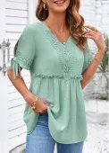 Modlily Sage Green Lace Short Sleeve V Neck Blouse - M