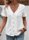 Modlily White Button Short Sleeve V Neck Blouse - XXL