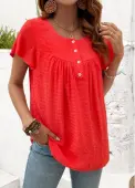 Modlily Neon Red Button Short Sleeve Round Neck T Shirt - XL