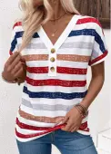 Modlily Multi Color Button Striped Short Sleeve T Shirt - XL