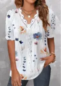 Modlily White Lace Floral Print Short Sleeve V Neck Blouse - XL