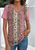 Modlily Pink Patchwork Floral Print Short Sleeve T Shirt - M