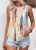 Modlily Multi Color Button Striped Sleeveless Round Neck Tank Top - L