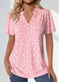 Modlily Pink Frill Geometric Print Short Sleeve Split Neck Blouse - M