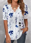 Modlily Dark Blue Embroidery Floral Print Short Sleeve Blouse - L