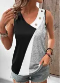 Modlily Black Button Geometric Print Sleeveless V Neck Tank Top - M