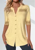 Modlily Light Yellow Patchwork Short Sleeve Split Neck Blouse - XXL